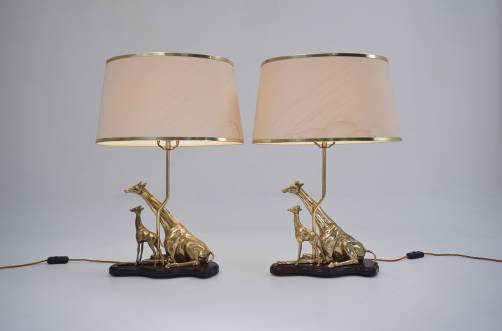 Pair brass giraffe table lamps, sculpture of a giraffe & her young by Regina, 1970`s ca, Italy. 
